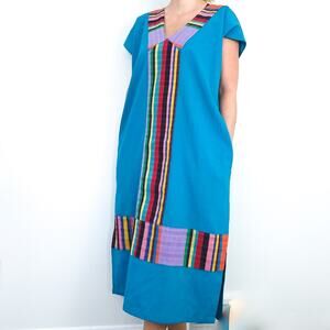 Fabiola Calvo Midi Dress Arte Textile Blue Small Mexican Designer Summer Bright